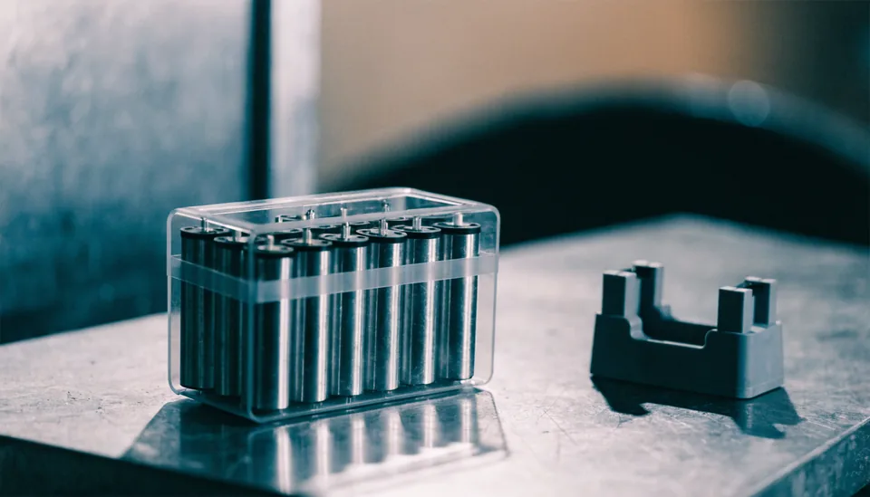 Lithium-Rundzellen in einer Schutzbox neben einer Ladeschale