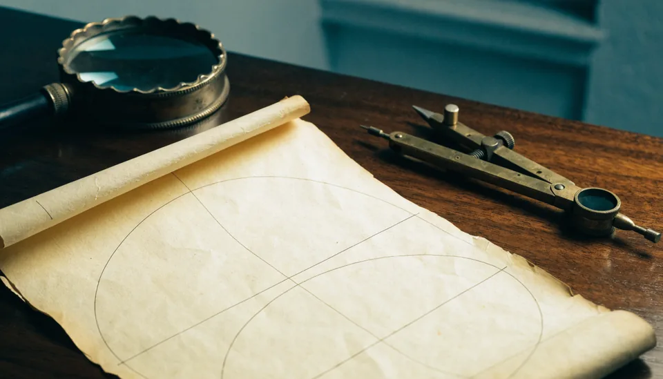 Historische Patentzeichnung mit Zirkel und Lupe auf einem Schreibtisch
