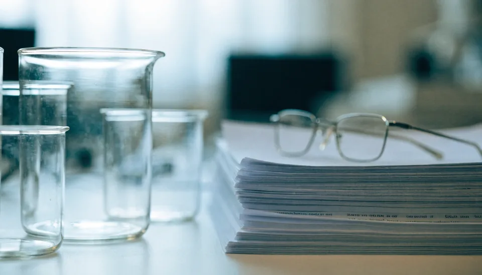 Laborglas neben einem Stapel ausgedruckter Studien und einer Lesebrille