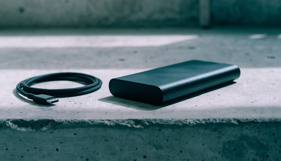 Powerbank mit aufgerolltem USB-C-Kabel auf Beton