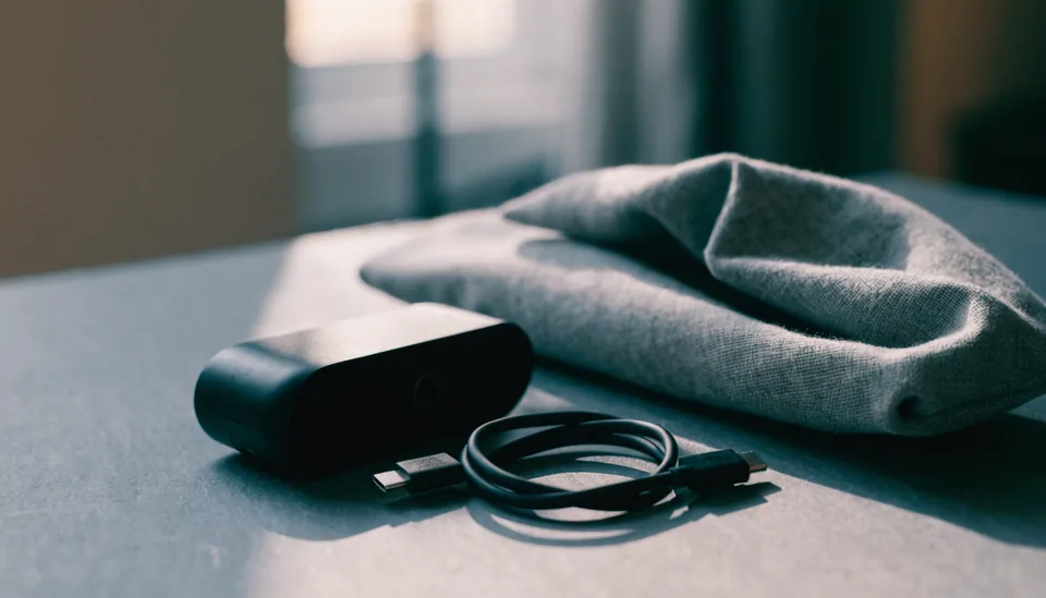 Gerät mittlerer Größe mit Stofftasche und Ladekabel