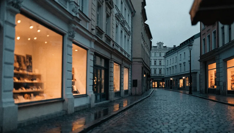 Kleine Ladenzeile einer Innenstadt in der blauen Stunde